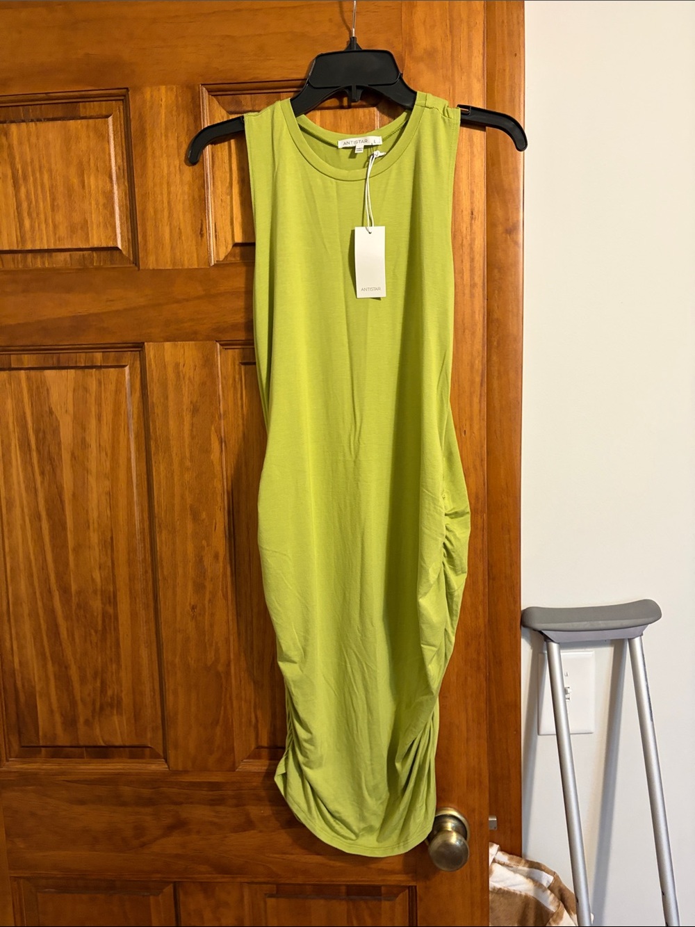 Sleeveless Lime Midi Dress with Side Ruching Detail by antistar - Picture 1 of 6